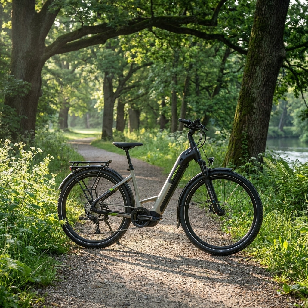 Haibike TREKKING 4 LOW i600Wh E-Trekkingrad in calm sand/lime auf sonnigem Schotterweg am Flussufer.