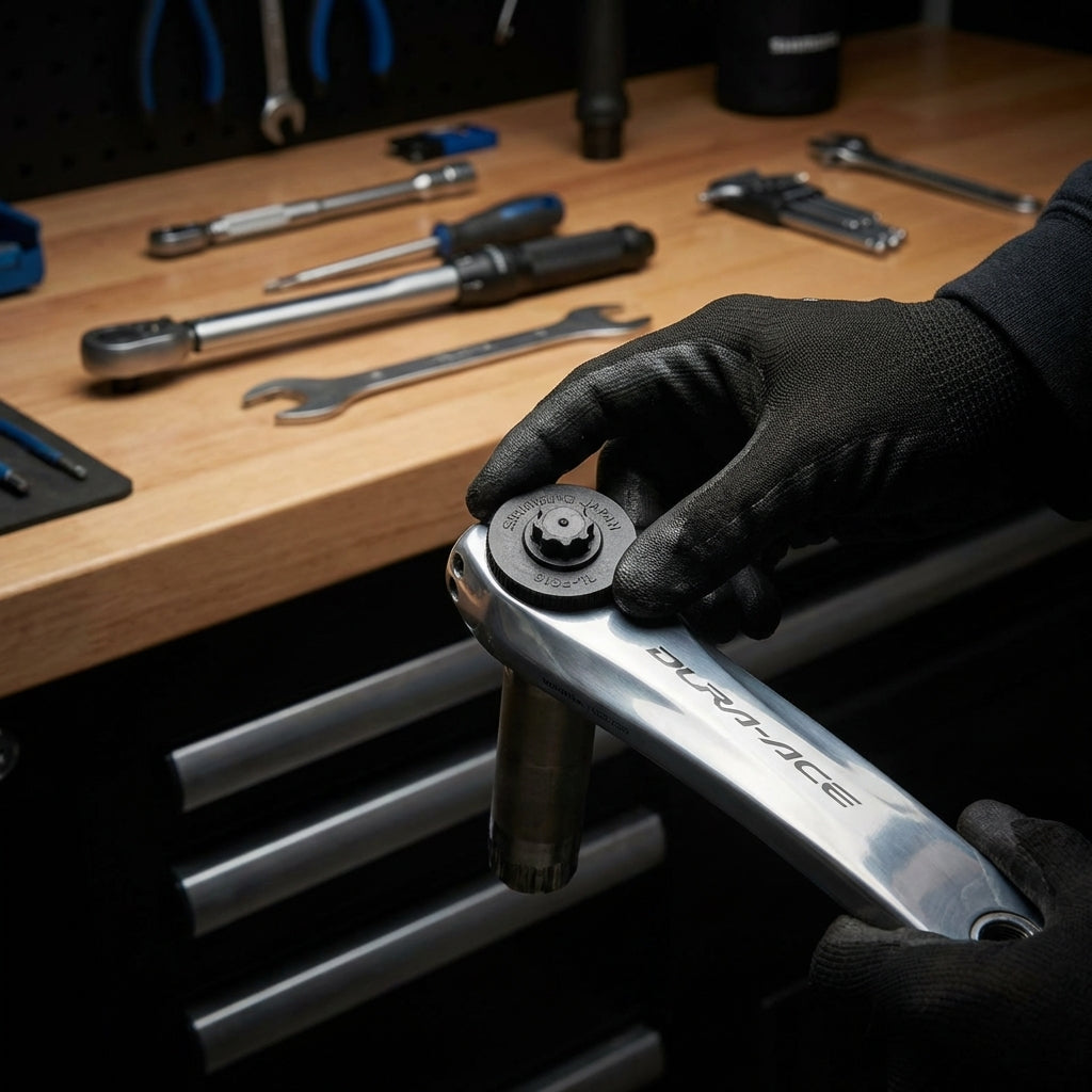 Shimano TL-FC16 Kurbelarmwerkzeug bei der präzisen Montage einer Shimano Dura-Ace Kurbel in der Werkstatt.
