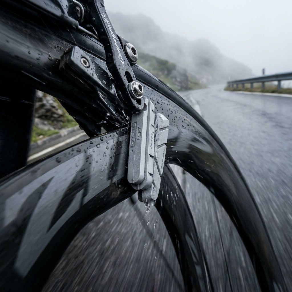 Nasse Zipp Platinum Pro EVO Bremsbeläge an Campagnolo Bremsen auf Carbonfelge eines Fahrrads bei Regen auf Bergstraße.