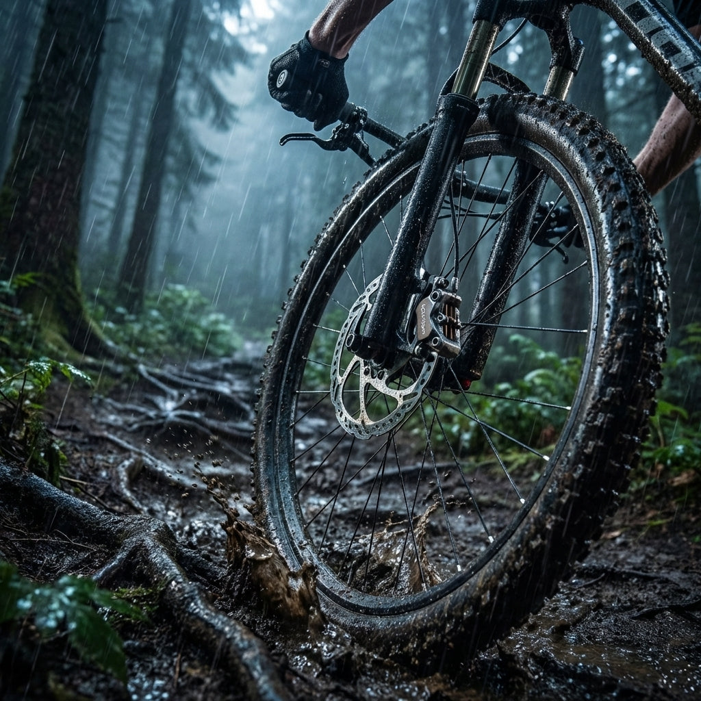Voxom Scheibenbremsbeläge am Mountainbike-Vorderrad bei Regenfahrt durch schlammigen Wald, Schlamm spritzt.