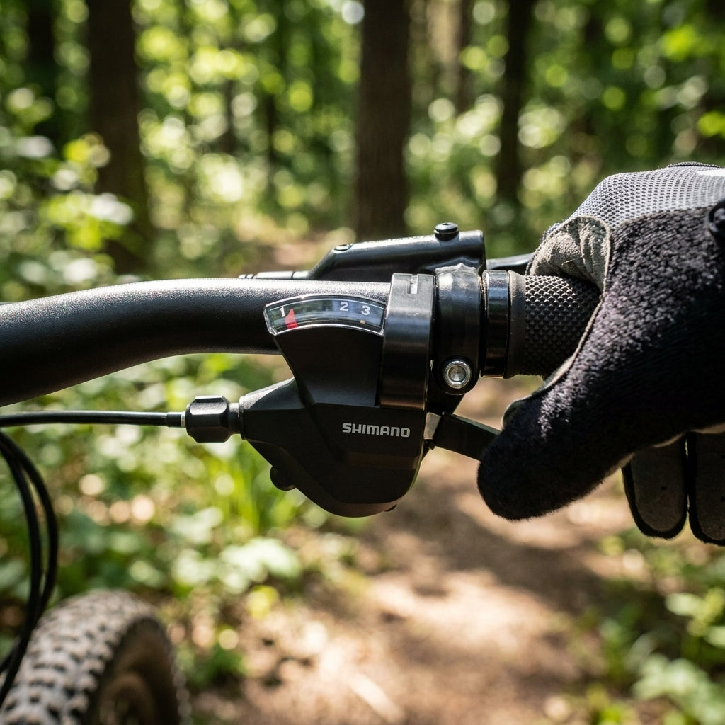 SHIMANO ALTUS SL-M315 3-fach Links Schalthebel für 3-fach Kettenblätter am MTB Lenker, Hand mit Handschuh.