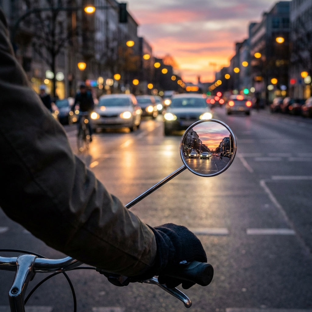 Busch & Müller Fahrradspiegel Modell 922 aus Edelstahl am Fahrradlenker, spiegelt Stadtstraße bei Sonnenuntergang.