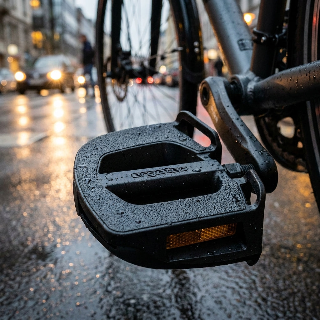 Ergotec EP-2 Kunststoffpedal schwarz 9/16 Zoll mit Reflektoren, am Fahrrad auf nasser Straße.