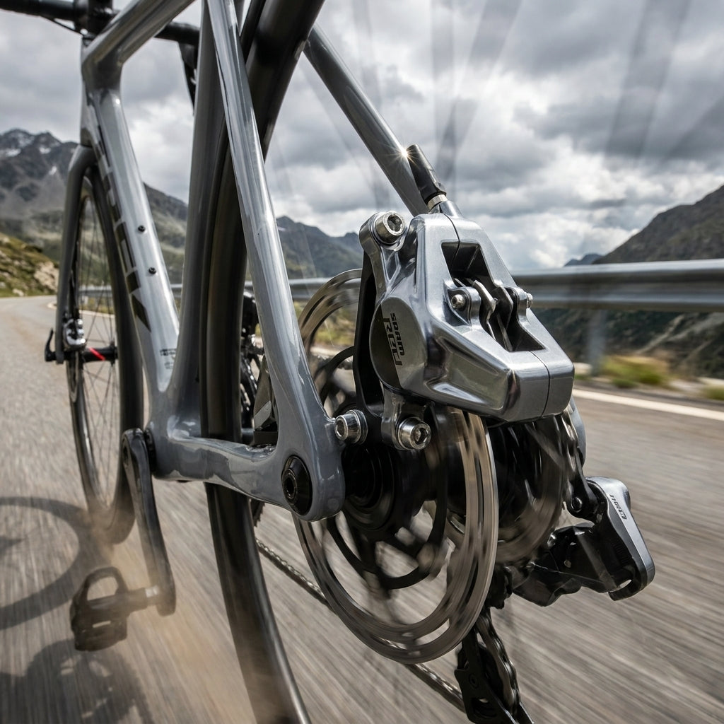 SRAM RED AXS FlatMount Bremssattel grau am Rennrad. Leistungsstarke Scheibenbremse.