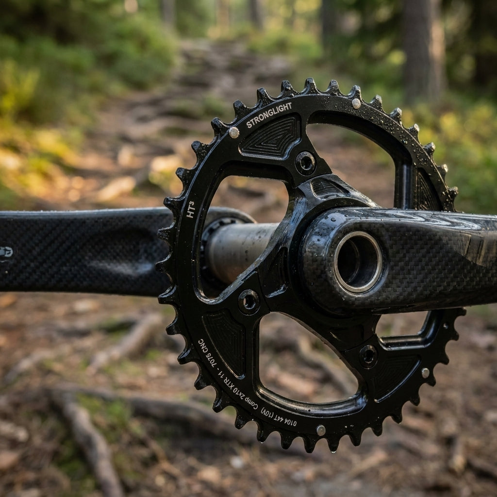 STRONGLIGHT HT3 Kettenblatt schwarz 44 Zähne für 2x10 XTR an Carbon-Kurbel auf Waldweg, feucht.