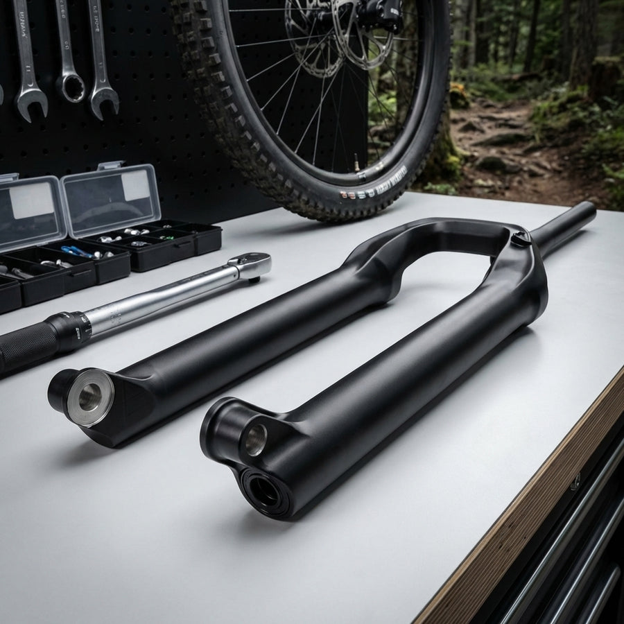 Schwarzes RockShox Pike 29 BOOST Lower Leg einer Fahrradgabel auf Werkbank mit Schraubenschlüssel.