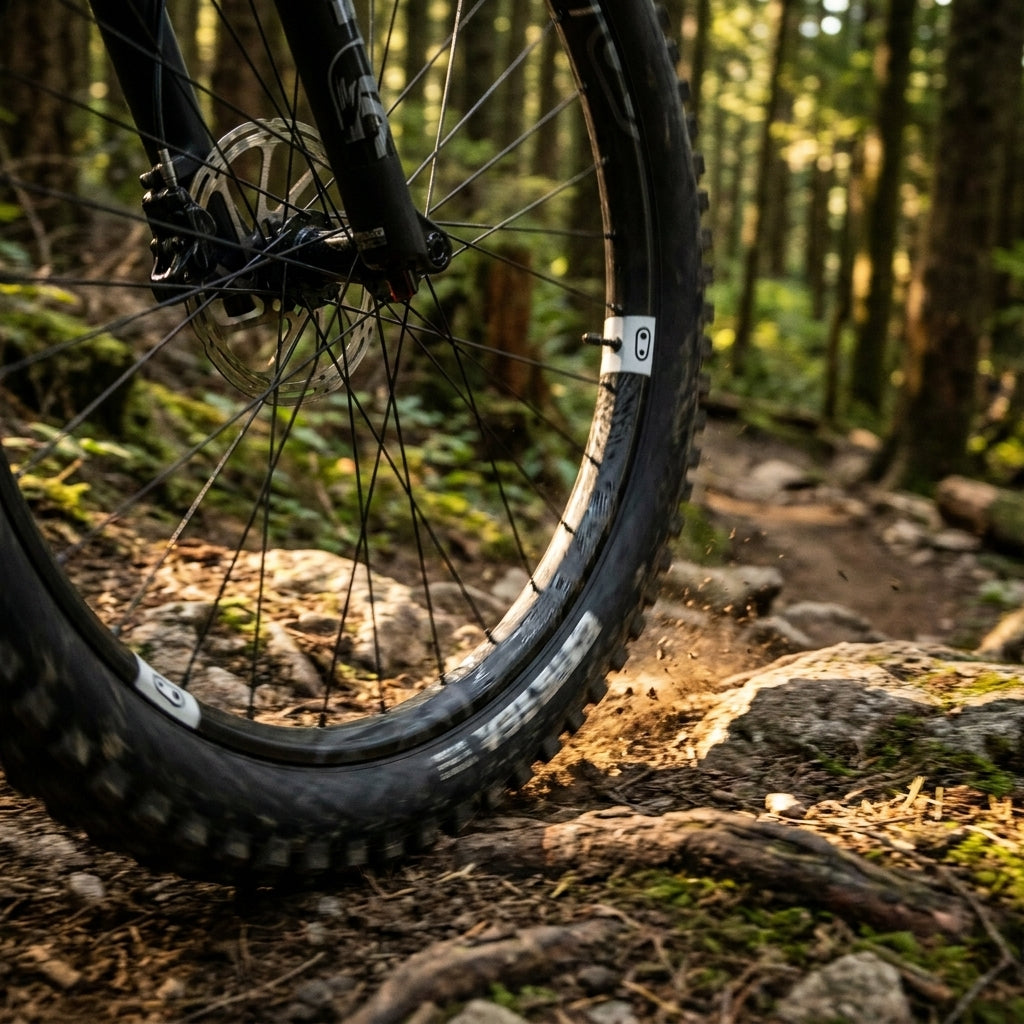 Crankbrothers Synthesis Carbon E-Bike Vorderradfelge 27.5 Zoll auf Waldweg in Aktion.