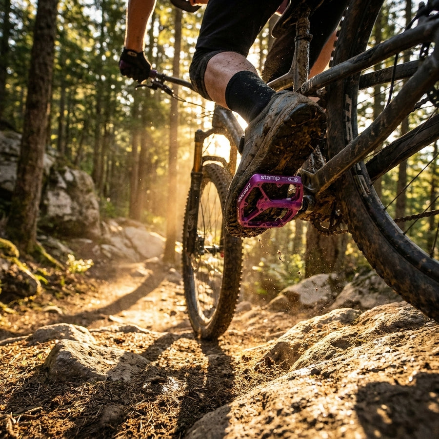 Crankbrothers Stamp 7 Large Plattform-Pedal lila am Mountainbike in Aktion auf felsigem Trail.