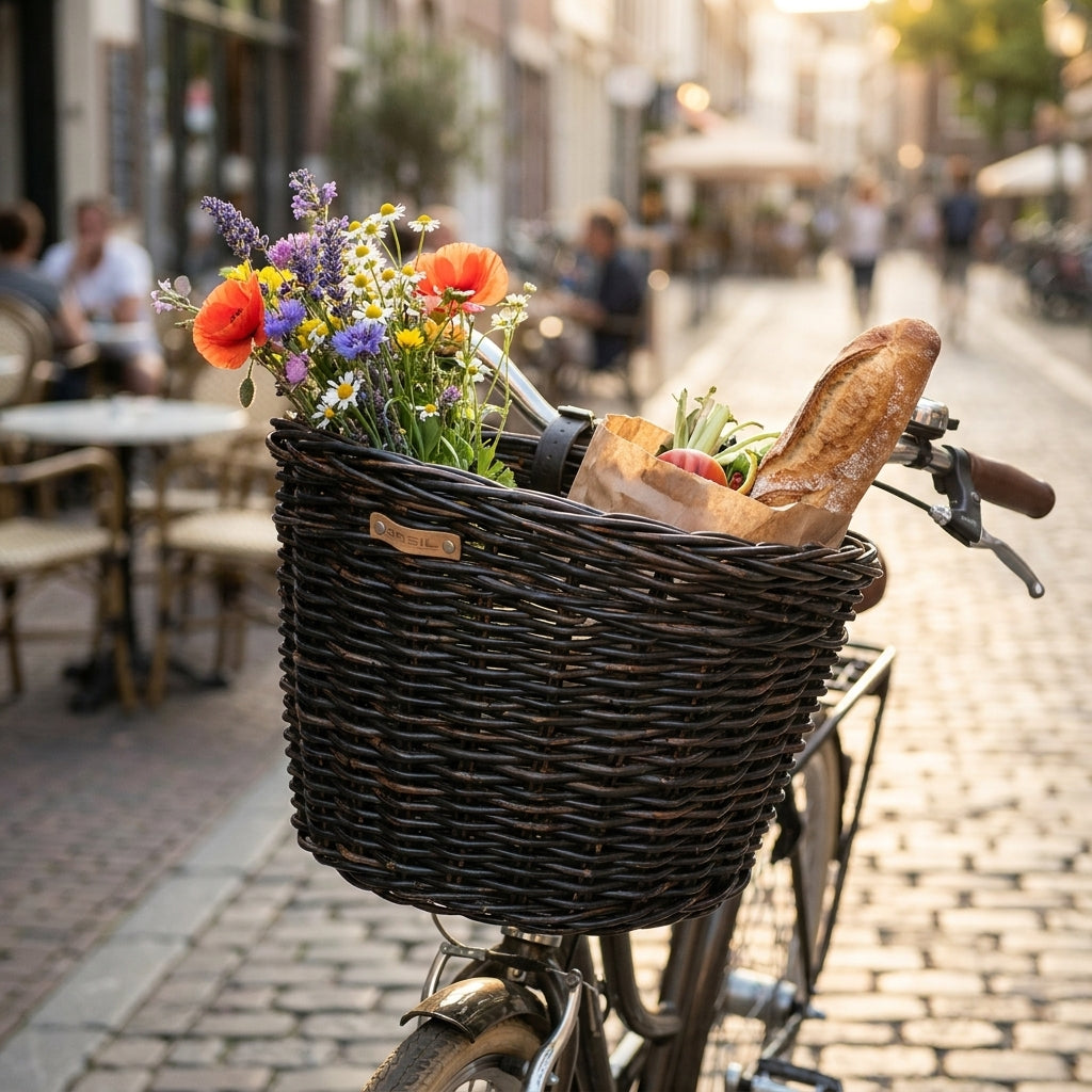 Basil Vorderradkorb Darcy L aus schwarzem Rattan am Fahrrad, gefüllt mit Blumen, Baguette auf Kopfsteinpflaster.