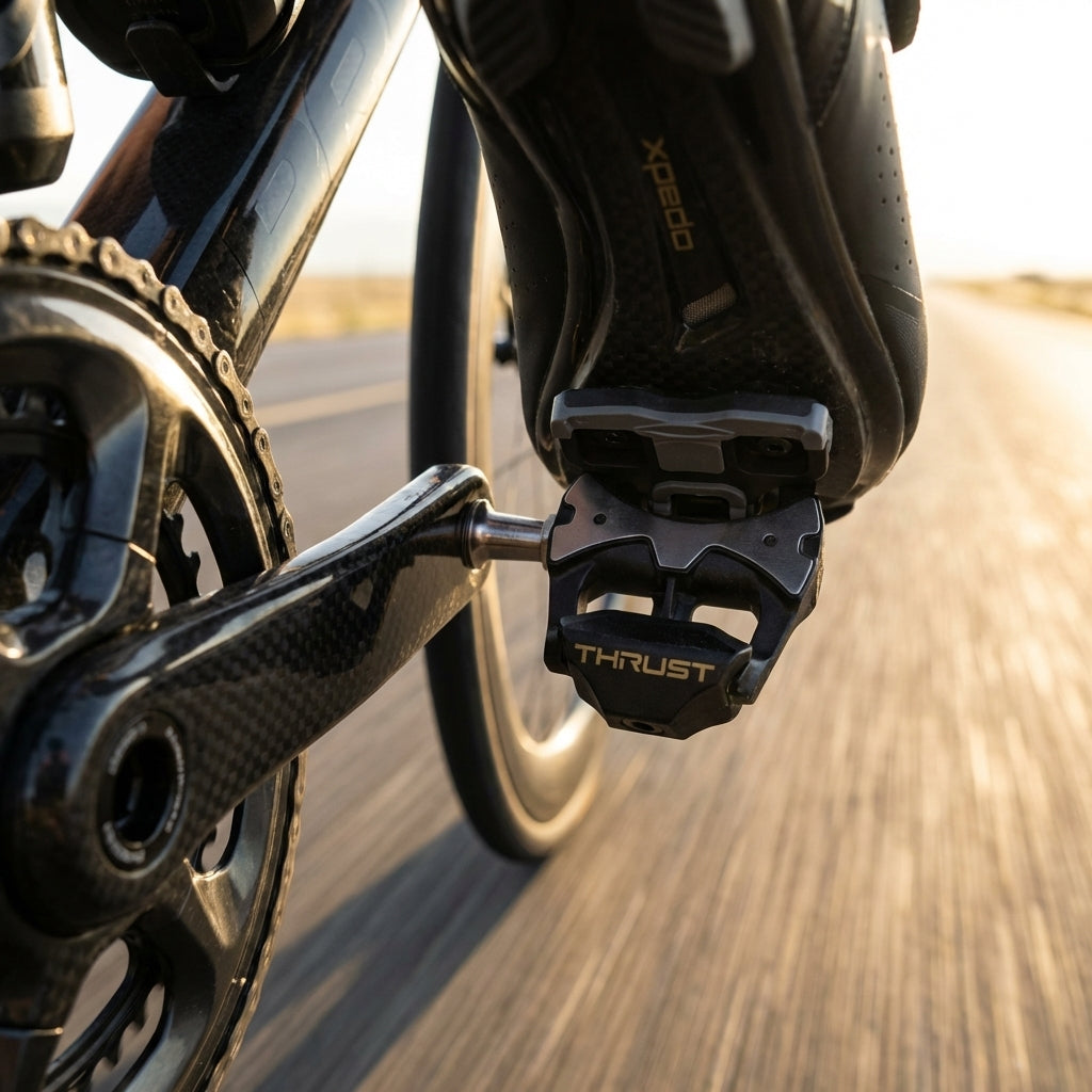Xpedo THRUST SL Klickpedal schwarz am Fahrrad, Radfahrerfuß eingeklickt, Carbon-Kurbel.