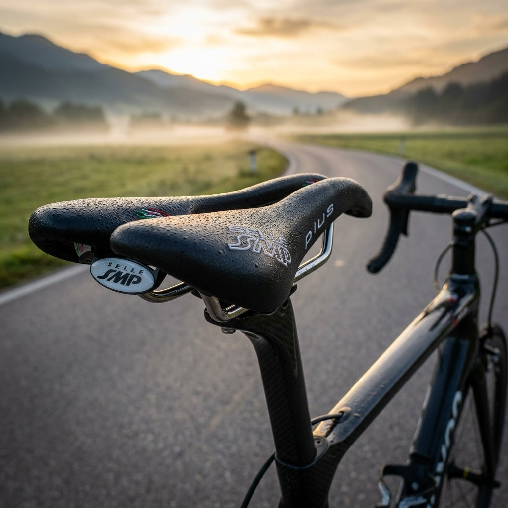 Selle SMP Sattel Plus schwarz Herren auf Carbon-Rennrad mit Tautropfen, neblige Bergstraße bei Sonnenaufgang.