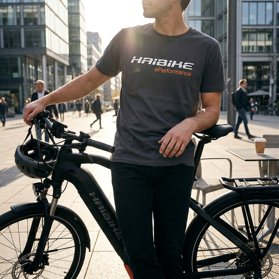 Haibike Elvas M. T-Shirt aus Baumwolle für E-Bike-Fahrer. Sportliche Freizeitbekleidung mit Haibike Logo, atmungsaktiv und bequem.