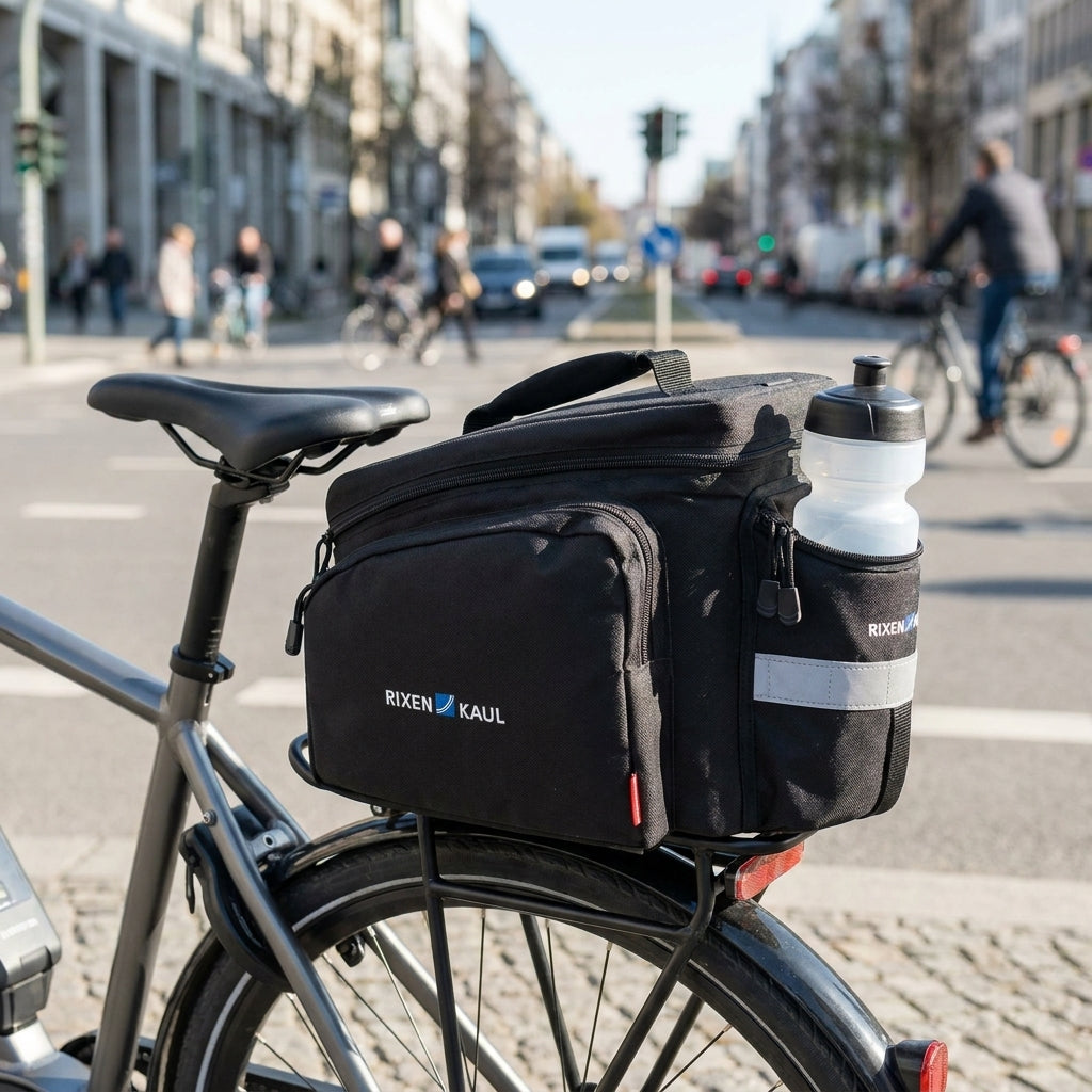 KLICKfix Rackpack 2 Uniklip 2 schwarze Gepäckträgertasche 10l. Sichere Fahrradtasche mit Regenhülle und Reflektor.