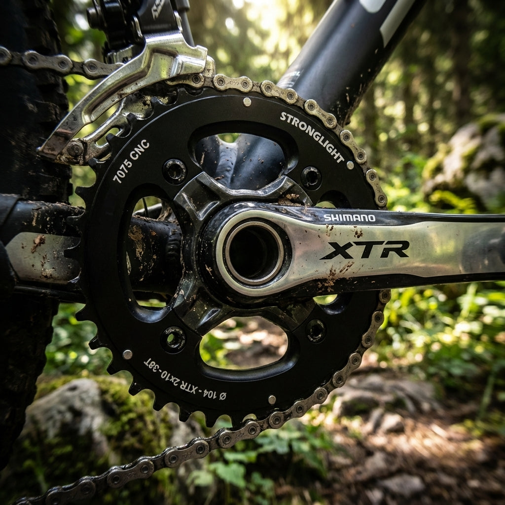 Stronglight Kettenblatt HT3 schwarz 38Z für Shimano XTR 2x10 Antrieb, 104 BCD, schlammig.