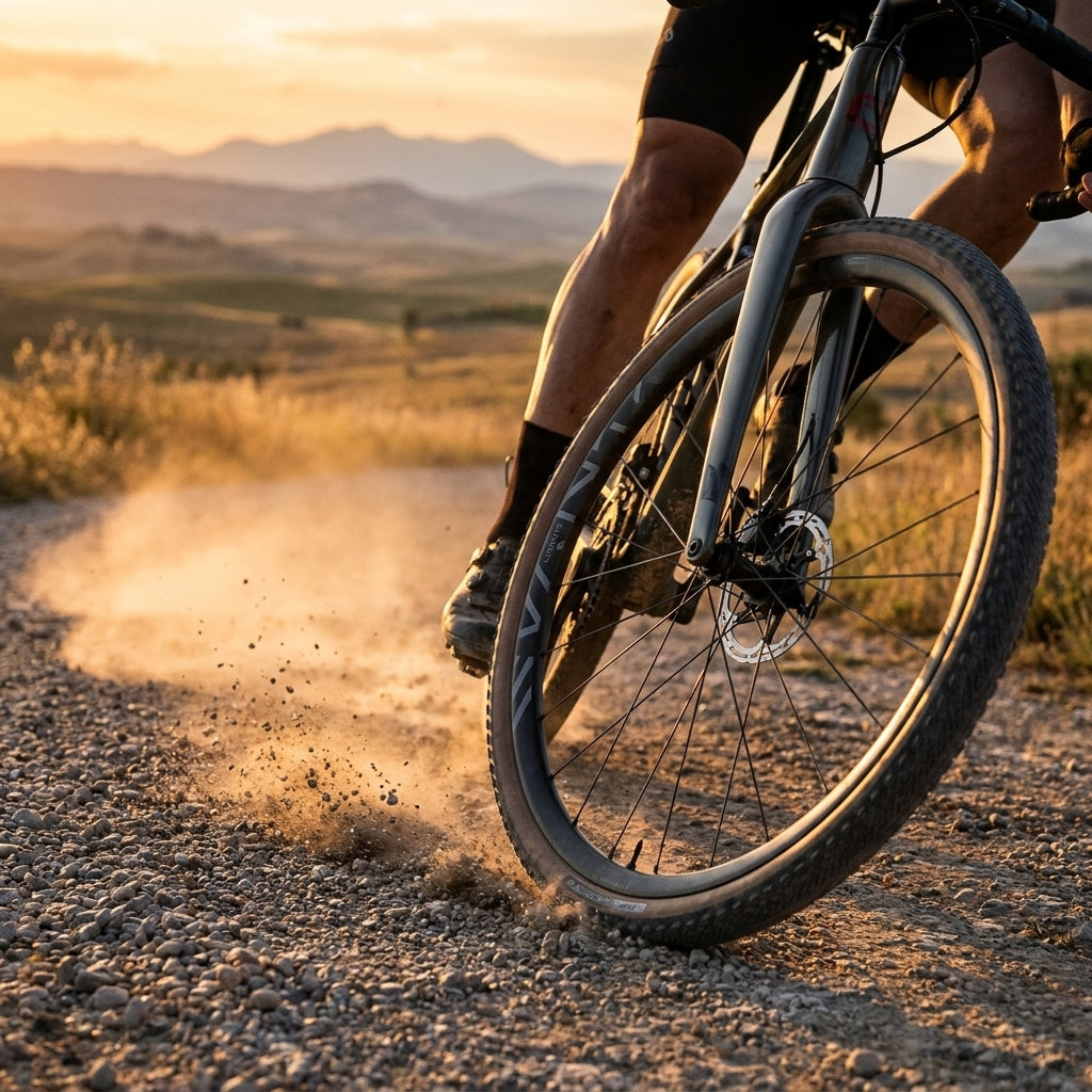 Radfahrer auf Gravelbike mit Campagnolo Levante Laufradsatz fährt auf Schotterweg und wirbelt Staub auf.