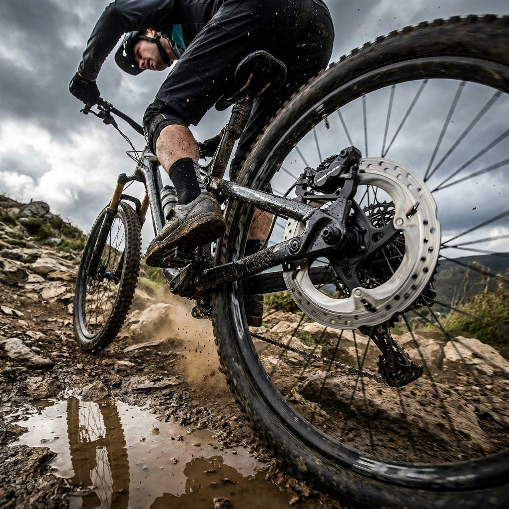 SHIMANO Scheibenbremsadapter Hinten IS IS 203mm am Mountainbike-Hinterrad auf schlammigem Trail.