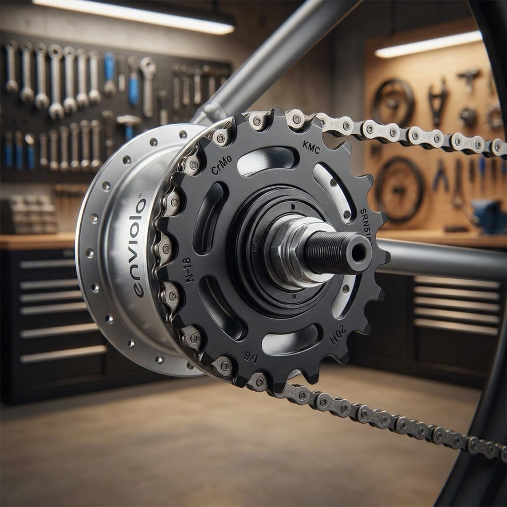 KMC Antriebsritzel E-Bike für Enviolo 1/2" x 1/8" 18 Zähne schwarz, am Fahrrad montiert.