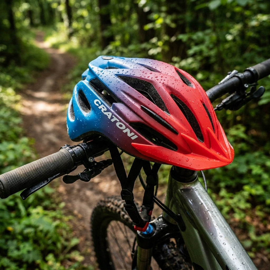Cratoni Kinderhelm Pacer jr rot blau matt S/M auf Mountainbike-Lenker im Wald, nass von Regentropfen.