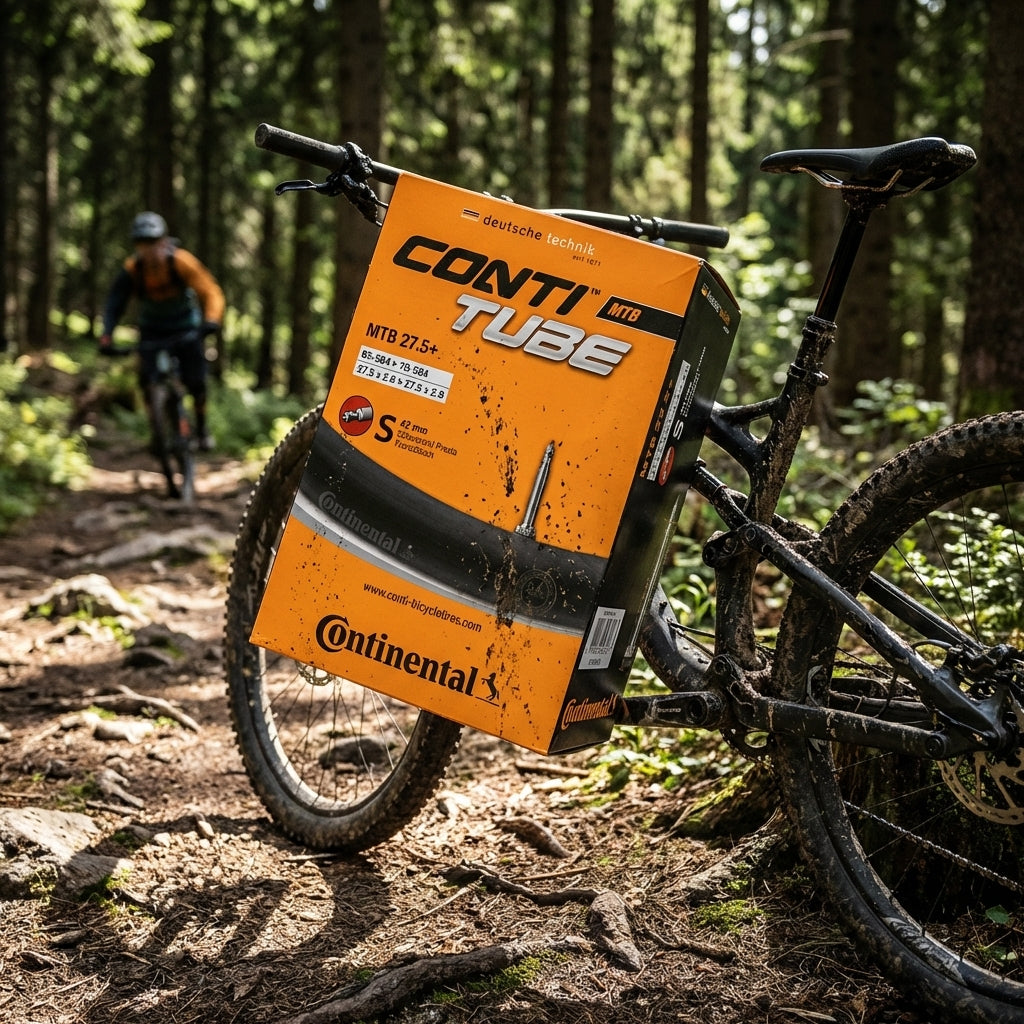 Continental Schlauch Conti MTB 27.5 B+ in Box am dreckigen Mountainbike im Wald.