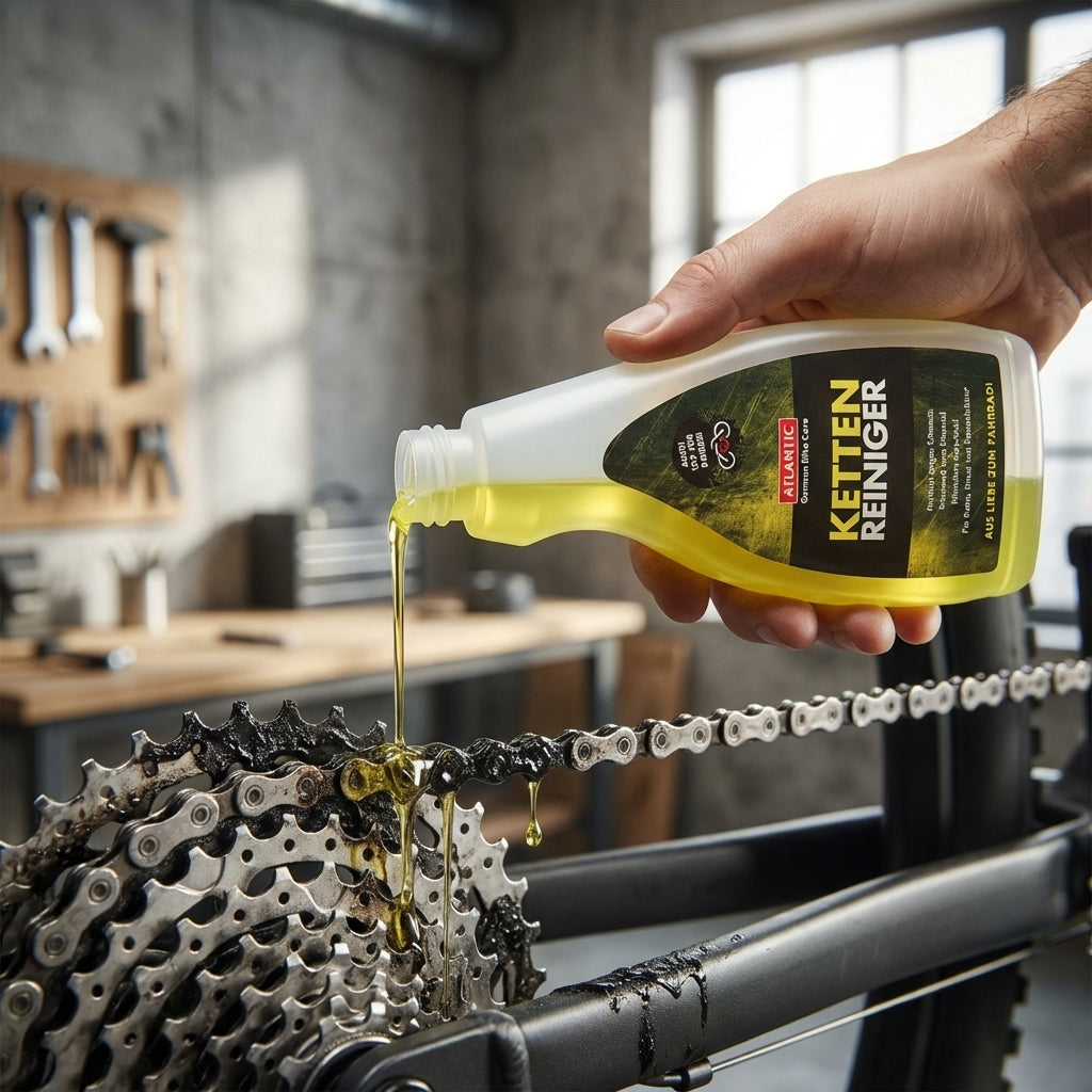Hand trägt Atlantic Kettenreiniger aus der 250ml Schraubflasche auf eine Fahrradkette in einer Werkstatt auf.