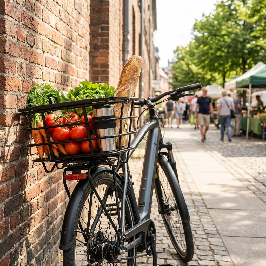AtranVelo System Korb Epic M schwarz am Fahrrad mit frischem Einkauf, vor Ziegelwand.