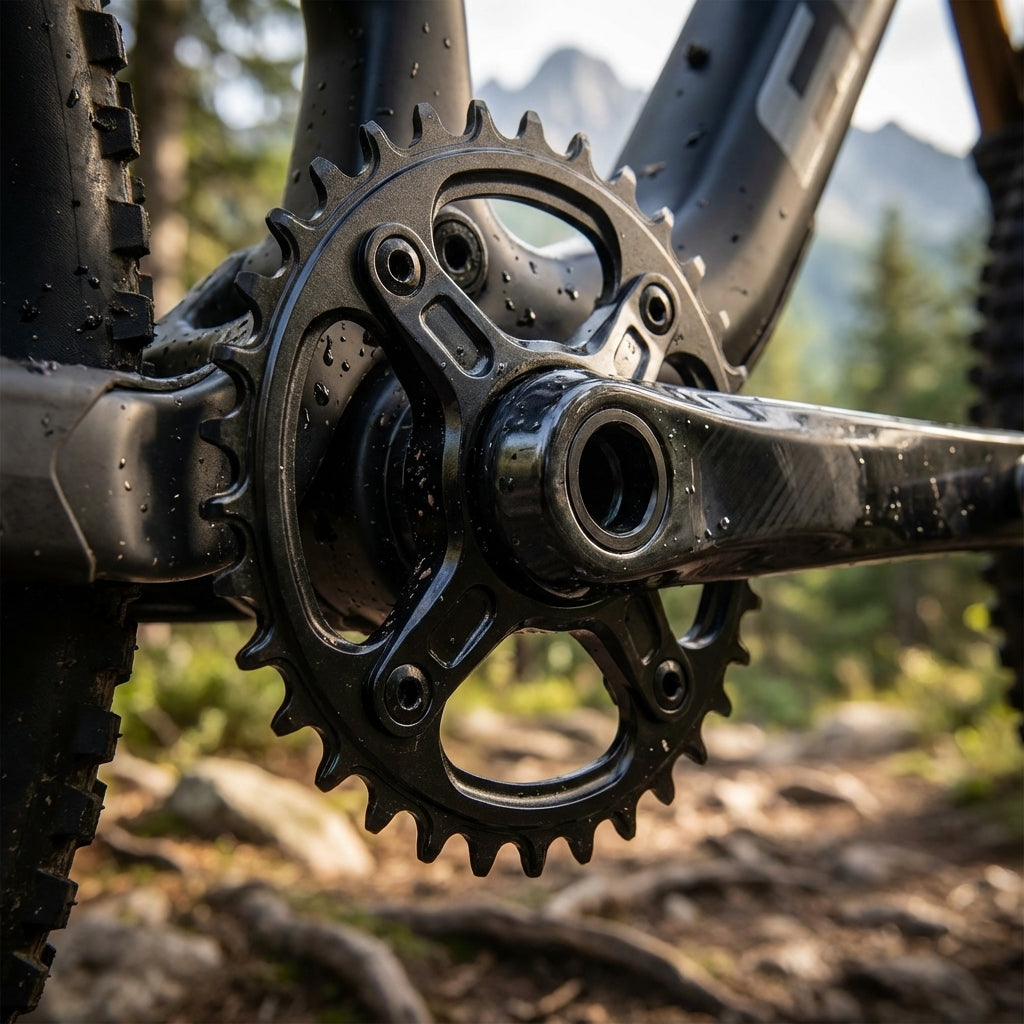 M-Wave E-Bike Kettenblatt 38Z Narrow Wide schwarz Aluminium an E-Bike-Kurbel, Mountainbike im Wald.
