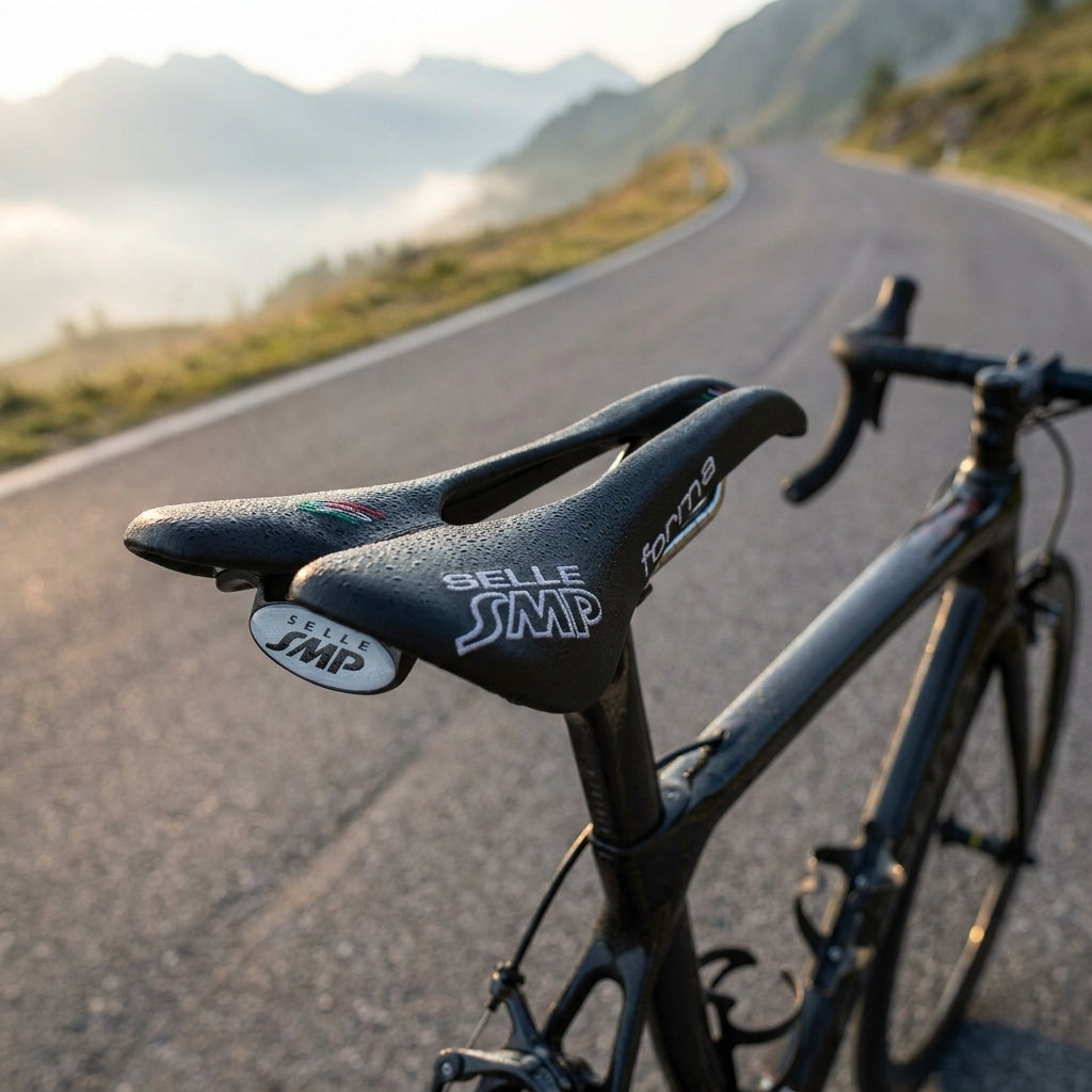 Selle SMP Sattel Forma schwarz Herren 273x137mm auf Rennrad mit Tautropfen in den Bergen.