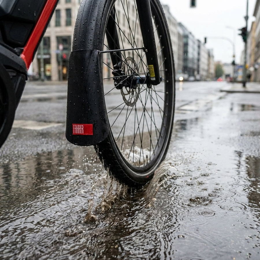 Schwarzer FAHRER Spritzlappen Latz am E-Bike Vorderrad spritzt Wasser in Pfütze.