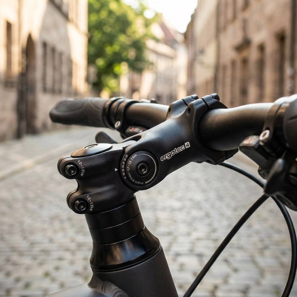 Winkelverstellbarer Ergotec Octopus 2 Ahead-Vorbau in Schwarz am Fahrradlenker, Safety Level 4, E-Bike ready.