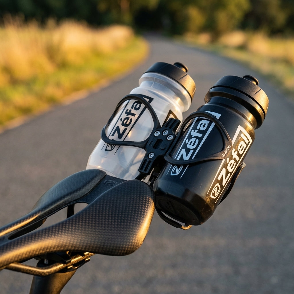Zefal Doppel Flaschenhalter Tri aus schwarzem Verbundstoff für die Montage am Fahrradsattel.
