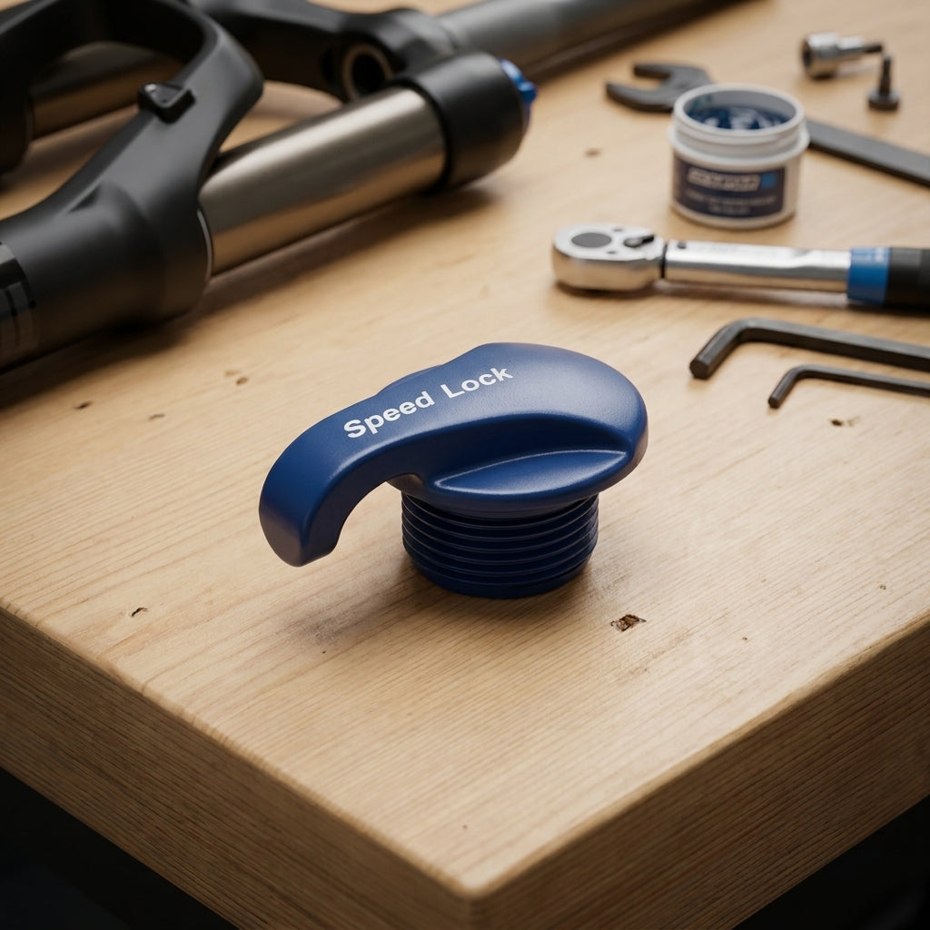 SR-Suntour Speed Lock Drehdeckel blau für HLO-Kopf SF13 NEX-HLO Fahrradgabel auf Werkbank mit Werkzeug.