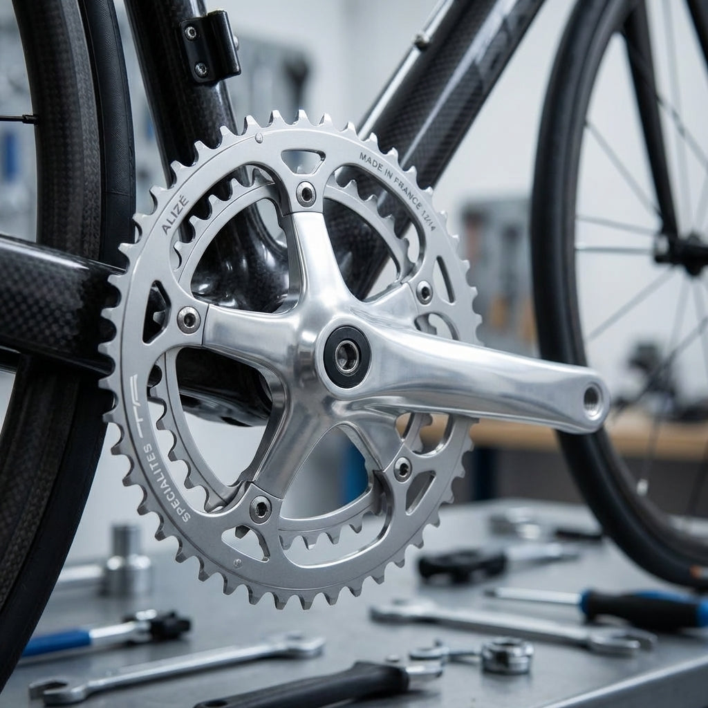 TA Kettenblatt Alizé 40Z silber, am Fahrrad montiert mit Kurbel und Carbonrahmen.