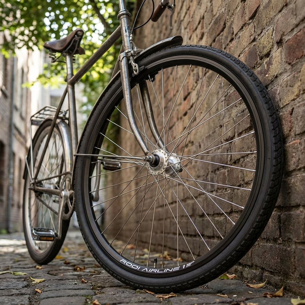 Rodi Airline 1 Hinterrad am Fahrrad, schwarze Felge, silberne Nabe & Nirosta-Speichen, an Ziegelwand.