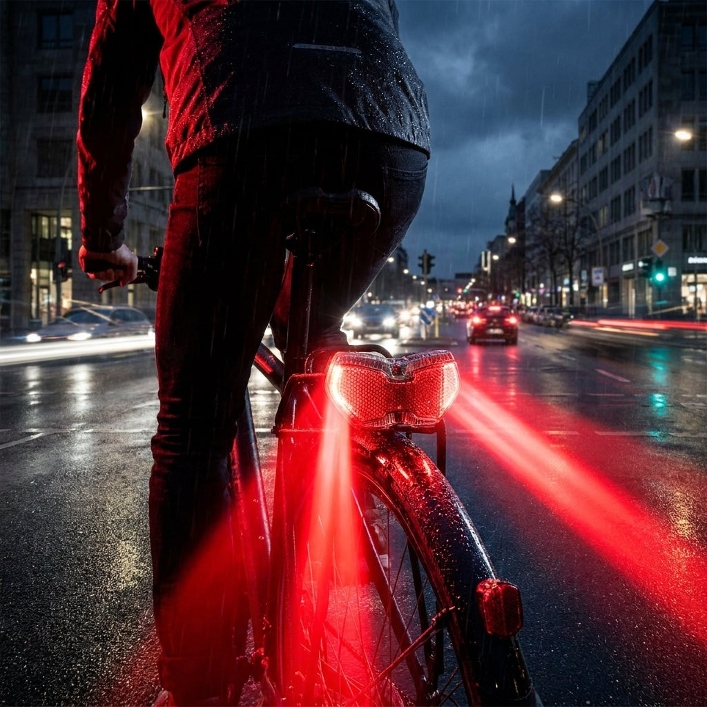 Busch&Müller Toplight StVZO Batterie-Rücklicht am Fahrrad, hell leuchtend im Regen auf nasser Straße.