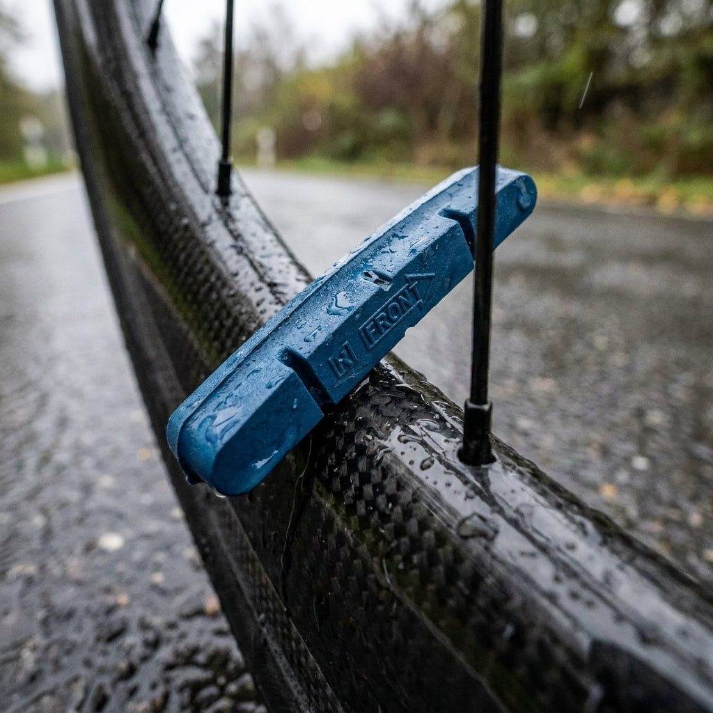 XLC Felgenbremsbelag BS-X01 für Carbonfelgen, blau, auf nasser Fahrradfelge im Regen.