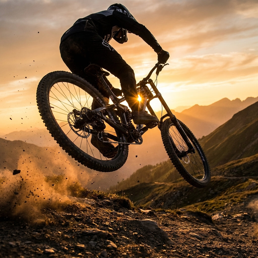 Mountainbike mit Rockshox Feder für HR Dämpfer in Aktion bei Sonnenuntergang über einen Hügel springend.