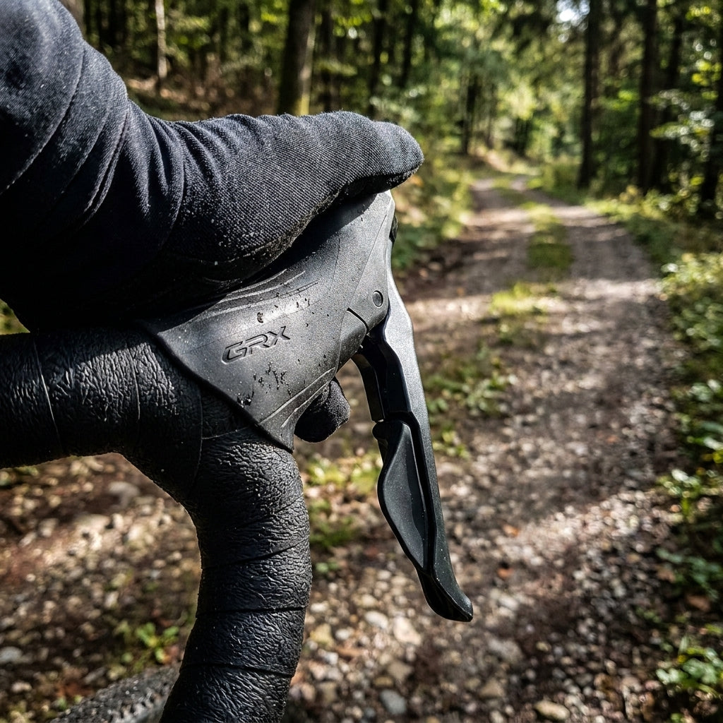 Hand hält SHIMANO GRX Schaltbremshebel mit Griffgummi auf Waldweg für komfortablen Grip.