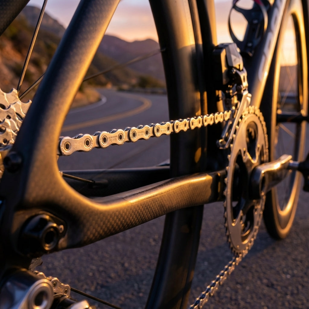SRAM Power Chain 1170 11-fach Rennradkette mit PowerLock am Fahrrad auf Bergstraße bei Sonnenuntergang.