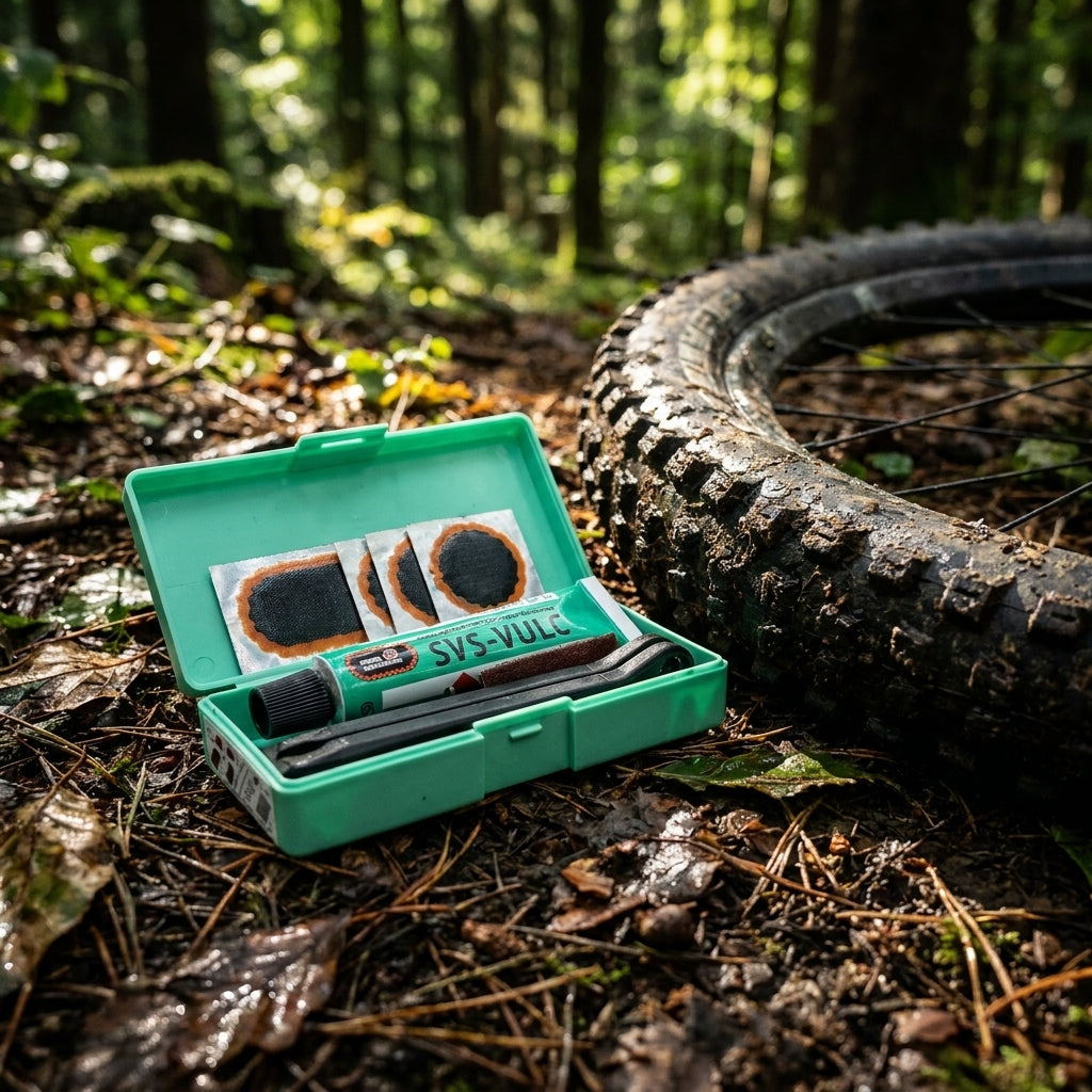 Rema Tip Top Flickzeug TT05: Fahrradschlauch-Reparaturset mit Flicken, Kleber, Reifenheber im Wald.