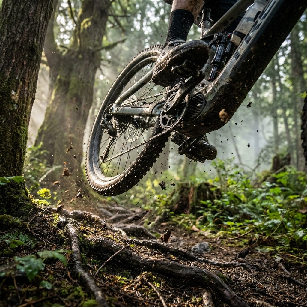 SRAM X-Sync E-MTB 2 Eagle Kettenblatt 36T (Bosch Gen.4) an E-Mountainbike in Aktion im Wald.