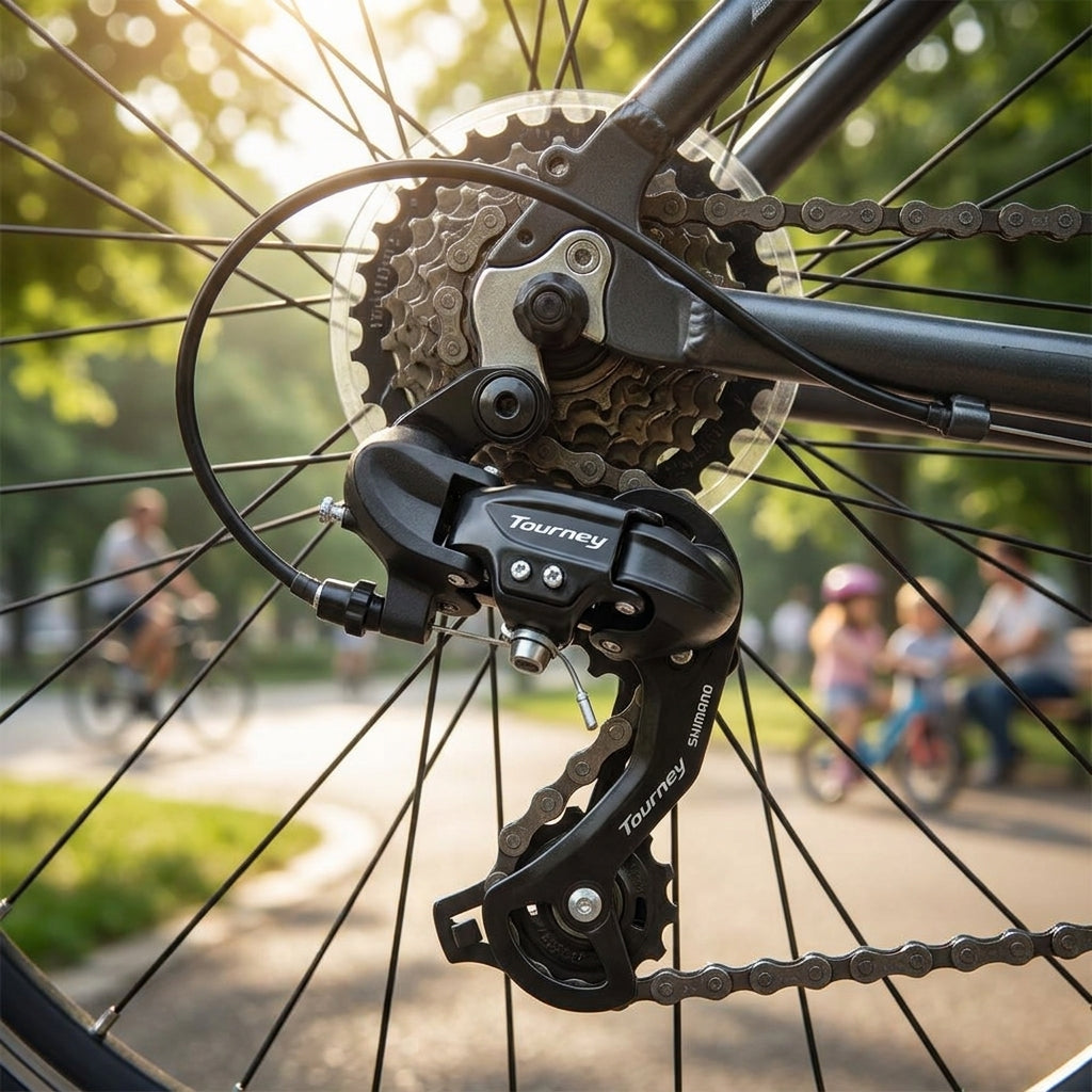 SHIMANO RD-TY21 Tourney 6-fach Schaltwerk, schwarz, am Hinterrad eines Fahrrads mit Kassette im Park.