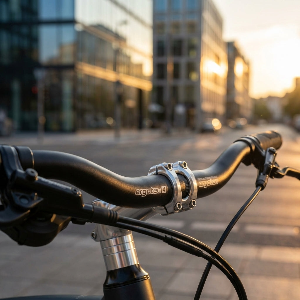 Ergotec Lenkerbügel City Cruiser Ø 25,4 mm 635 mm schwarz Stahl montiert an einem Fahrrad vor Stadtkulisse.