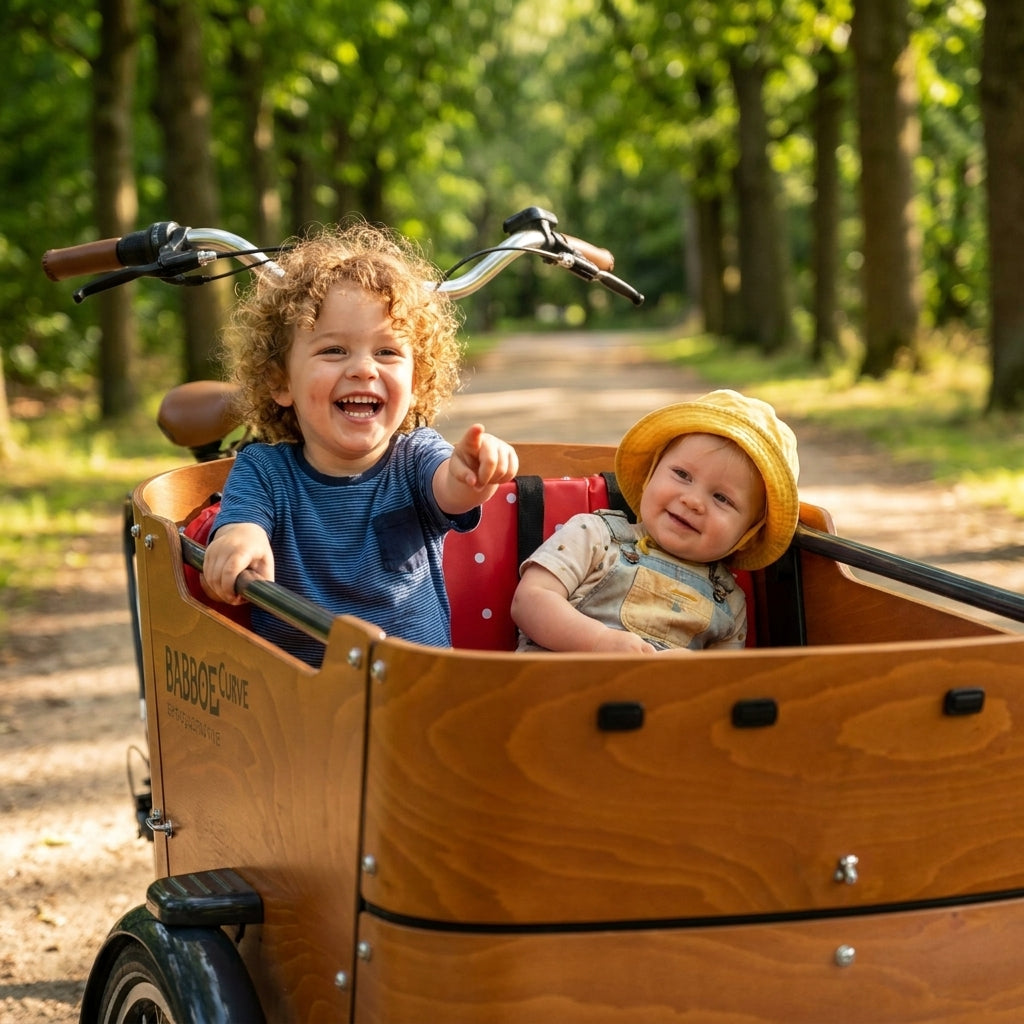 Babboe Curve Lastenrad mit fröhlichen Kindern auf dem Kissenset Spotty Dots.