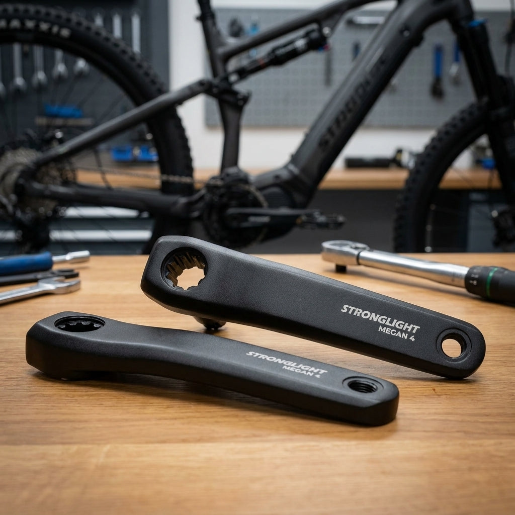 Stronglight Megan 4 Kurbel-Set (schwarz) für Bosch/ISIS 160mm auf Werkbank mit Fahrrad im Hintergrund.