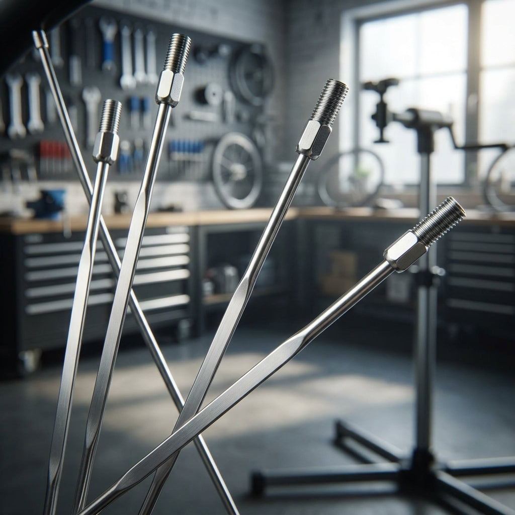 SRAM S40 Ersatzspeichen und Nippel in Silber, im Vordergrund einer Fahrradwerkstatt.