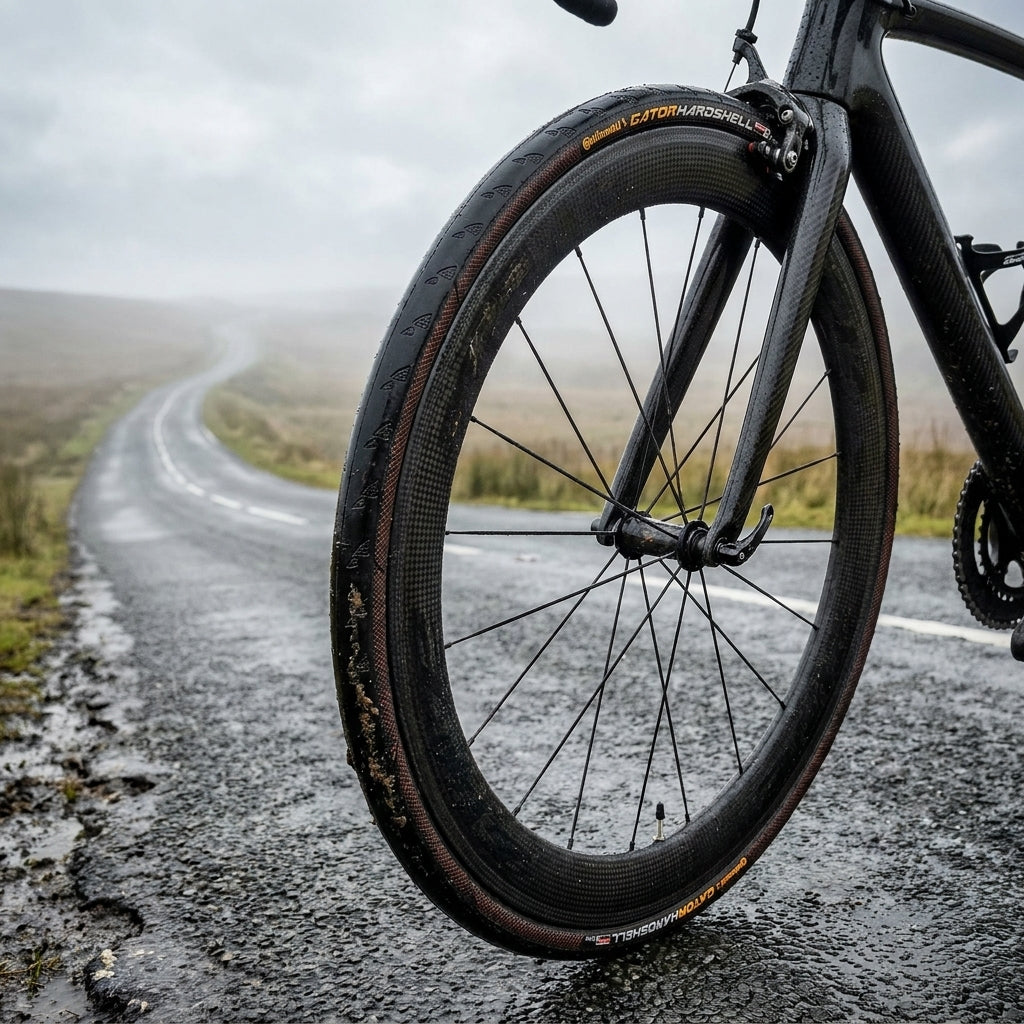 Schwarzes Rennrad mit Continental Gator Hardshell Reifen auf nasser, kurviger Straße. Maximaler Pannenschutz für Rennradfahre