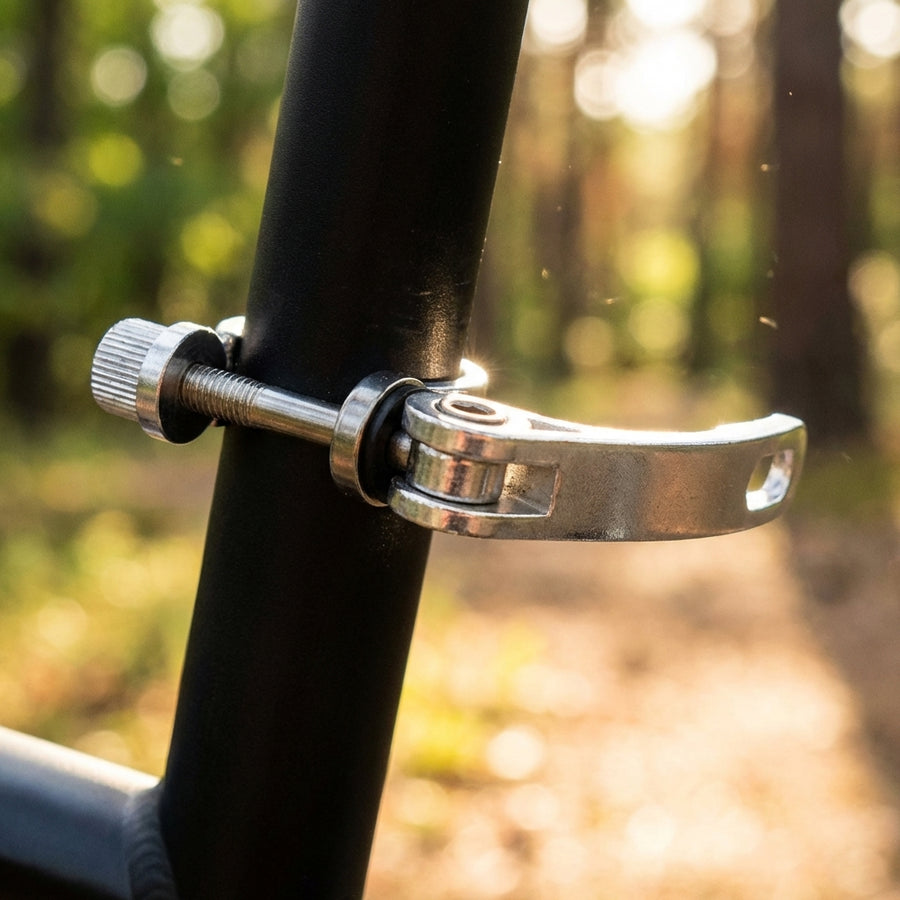 Nahaufnahme eines silbernen Aluminium Sattelstütz-Schnellspanners am Fahrrad.