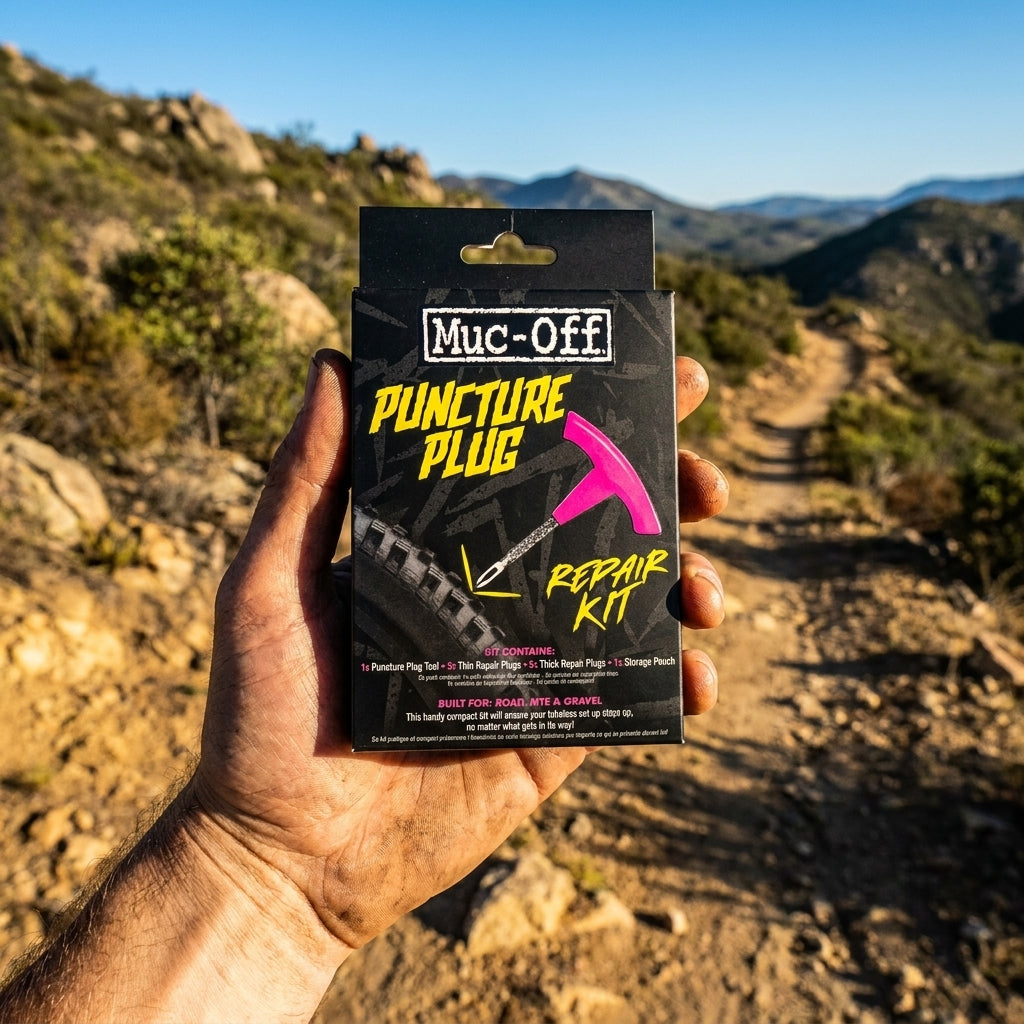 Muc-Off Tubeless Puncture Plug Reparaturset pink in Hand vor Mountainbike-Trail. Fahrrad Pannenset.