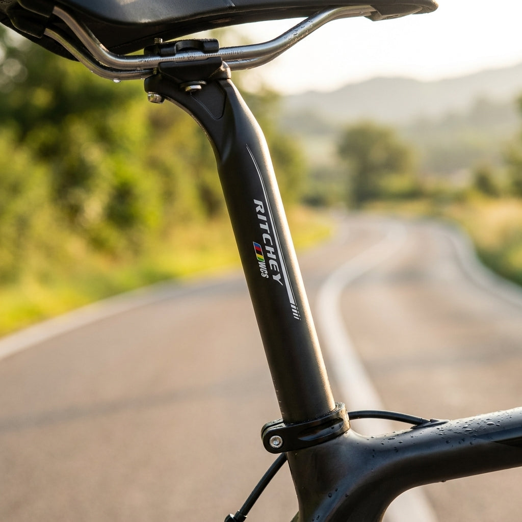 Ritchey WCS Link Stütze in Schwarz am Rennrad, mit kurviger Landstraße im Hintergrund.