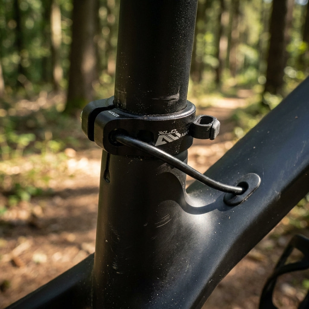 XLC All MTN Sattelklemme PC-B07 aus schwarzem Aluminium am Fahrradrahmen. Stabil, CNC-gefertigt, für Mountainbike, Trekking, Rennrad.